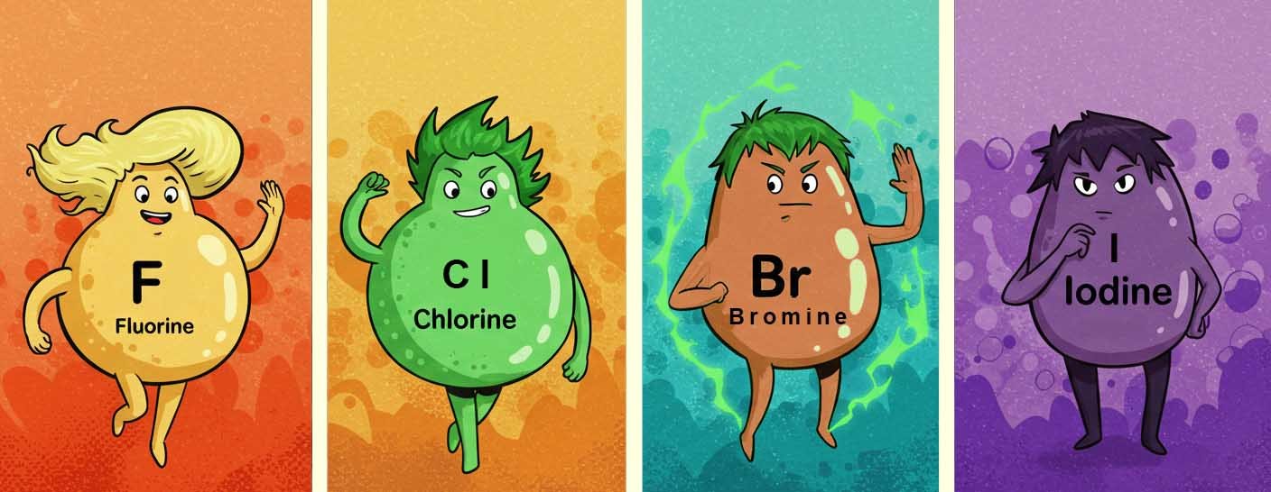 Comic style image to show the first four halogens.